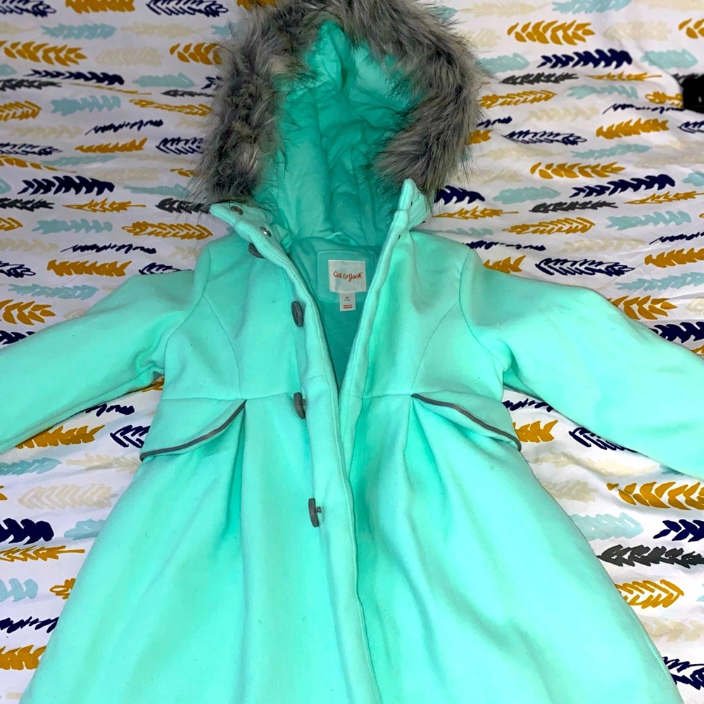 Cat & Jack Mint Green Pea Coat with Faux Fur Hood